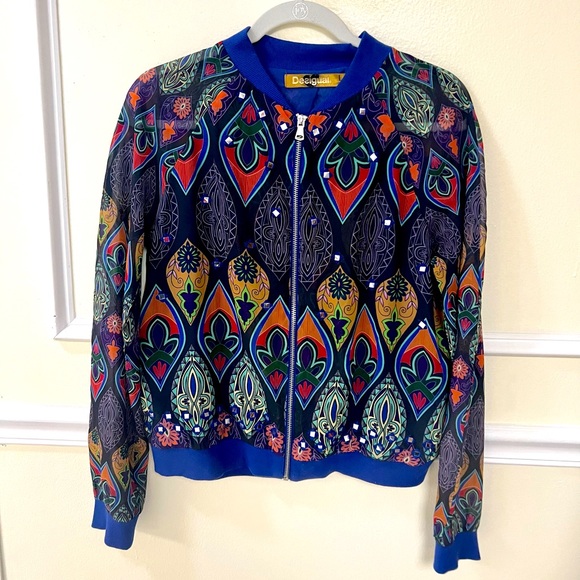 Desigual Short Blue Patterned Jacket. - Picture 1 of 6